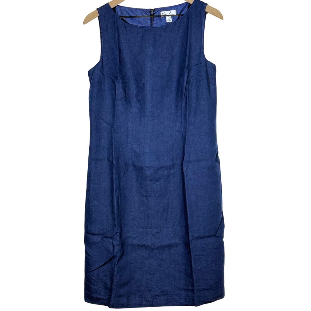 Kim Rogers Linen Shift Dress 10 Navy Blue Sleeveless Lined Classic Minimalist‎